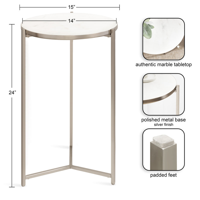 Silver Round Marble and Metal Side Table