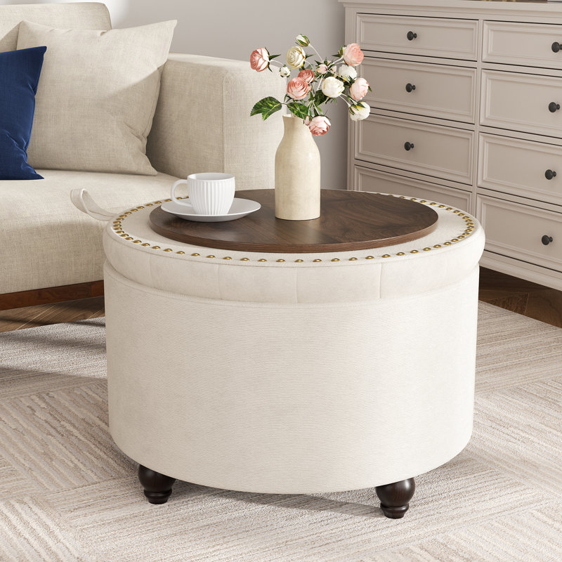 Button-Designed Upholstered Ottoman With Storage, White