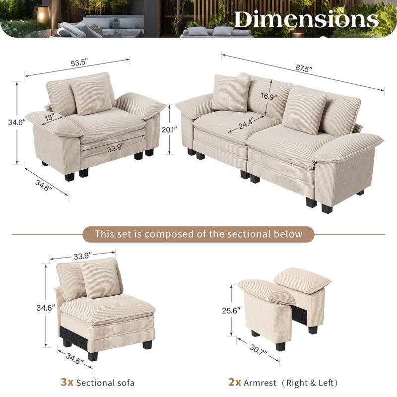 Living Room Set, Beige Corduroy