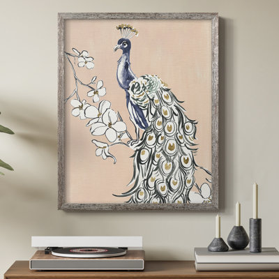 «Peacock in Gold IV», reproduction encadrée - bois massif