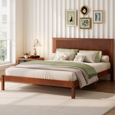 Queen Size Solid Rubber Wood Bed with Wave-Styled Headboard,Central Support Beams and Reinforced Platform Feet,Walnut