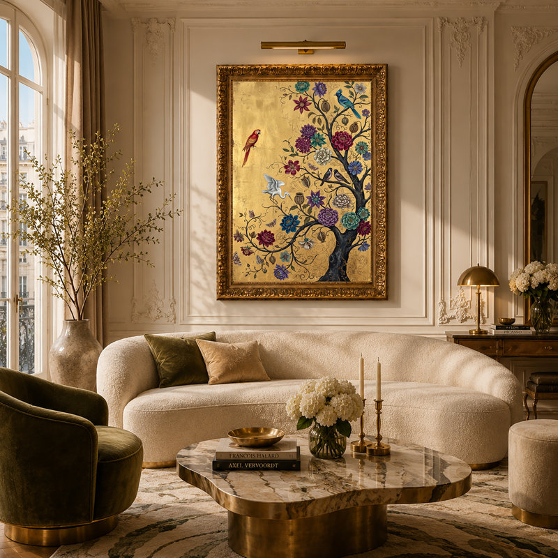 Perroquet rouge, aigrette blanche et oiseau bleu sur arbre floral doré, art mural, H 24 po x l 16 po