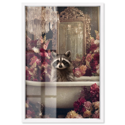 Art mural de salle de bain raton laveur dans une magnifique boîte à ombrage florale par Art Remedy, cadre blanc, 21 x 31