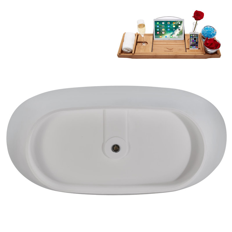 67" Matte White Stone Resin Freestanding Soaking Tub with Chrome Drain