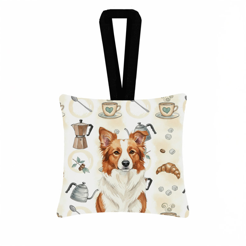 Ornement carré en tissu rouge et blanc avec bordure et collie café 3,5 po x 3,5 po, Border collie rouge et blanc