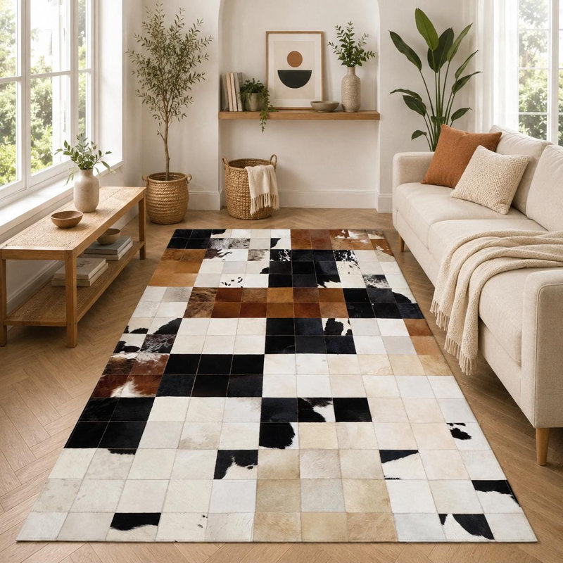 Tapis en cuir de vache patchwork fait à la main, tapis en cuir véritable, tapis moderne de luxe, 3 x 5 pi