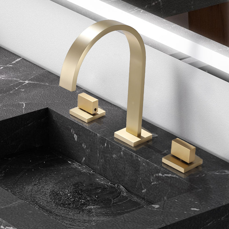 Robinet de lavabo de salle de bain espacé à 2 poignées pour 3 trous, Or brossé, Système de drainage non compris