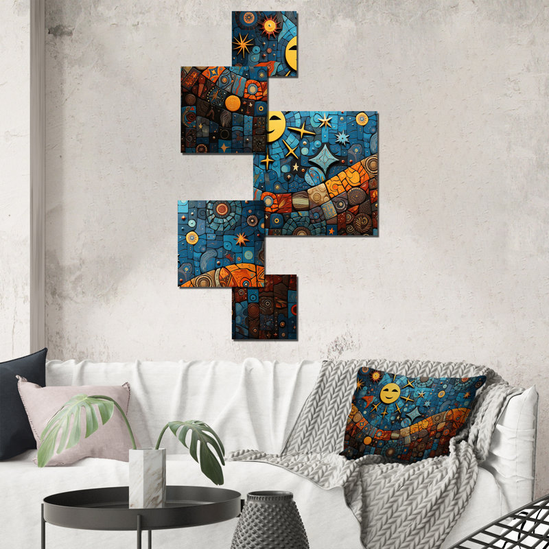 Bleu et orange Boho Mosaic Medley - ensemble d'art mural carré mosaïque bohème de 5