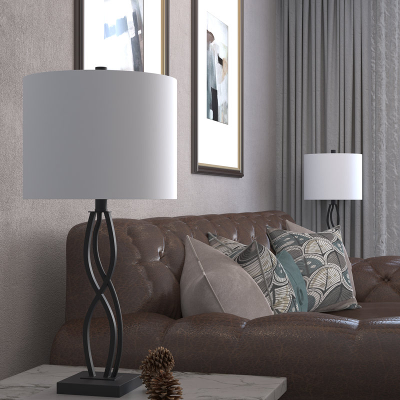 26" Black Metal Table Lamps with White Fabric Shades, Set of 2