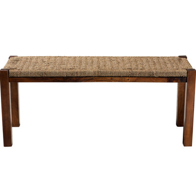 Banc rectangulaire Mid-Century avec siège en ruppie maritime tissée, pieds droits et structure minimaliste, fait de bois, brun, 16,57 lb, 43,33 po de largeur, 16,54 po de profondeur, 17,25 po de hauteur, fabriqué à partir de