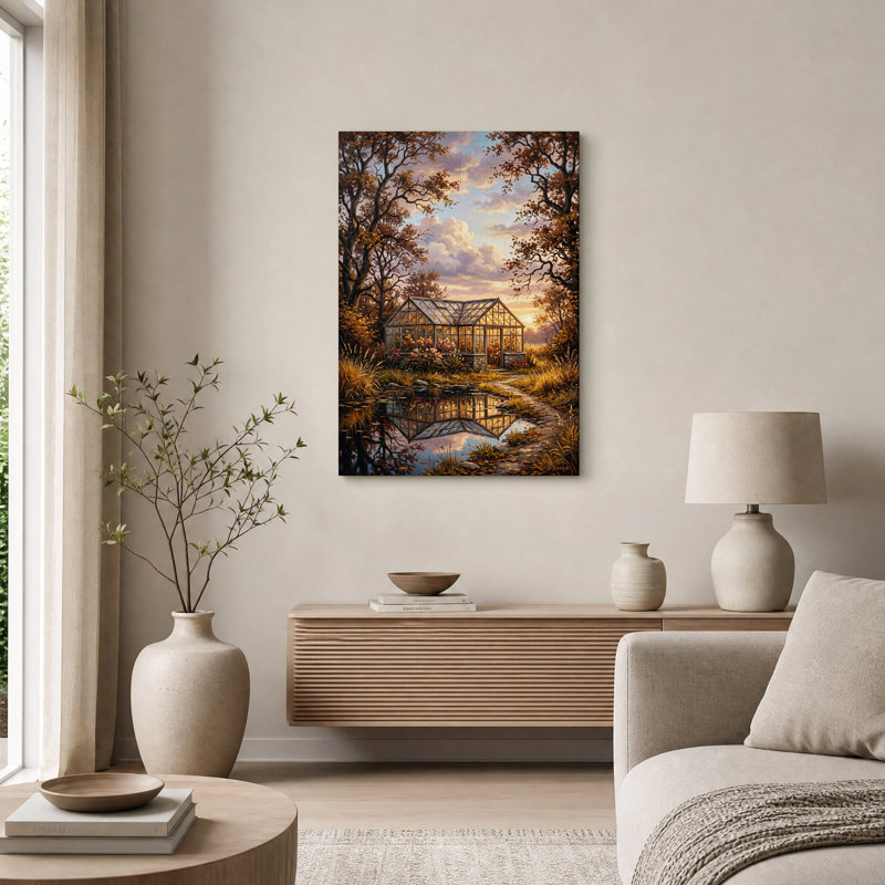 «Glass Greenhouse in Autumn Forest with Pond Reflection», art mural, H 24 po x l 16 po