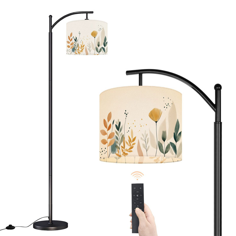 Lampe sur pied à arc avec abat-jour réglable Abstrait floral vert jaune, orange, plantes, lampe sur pied, 3 températures de couleur, intensité variable, grand mât avec interrupteur au pied pour la chambre à coucher