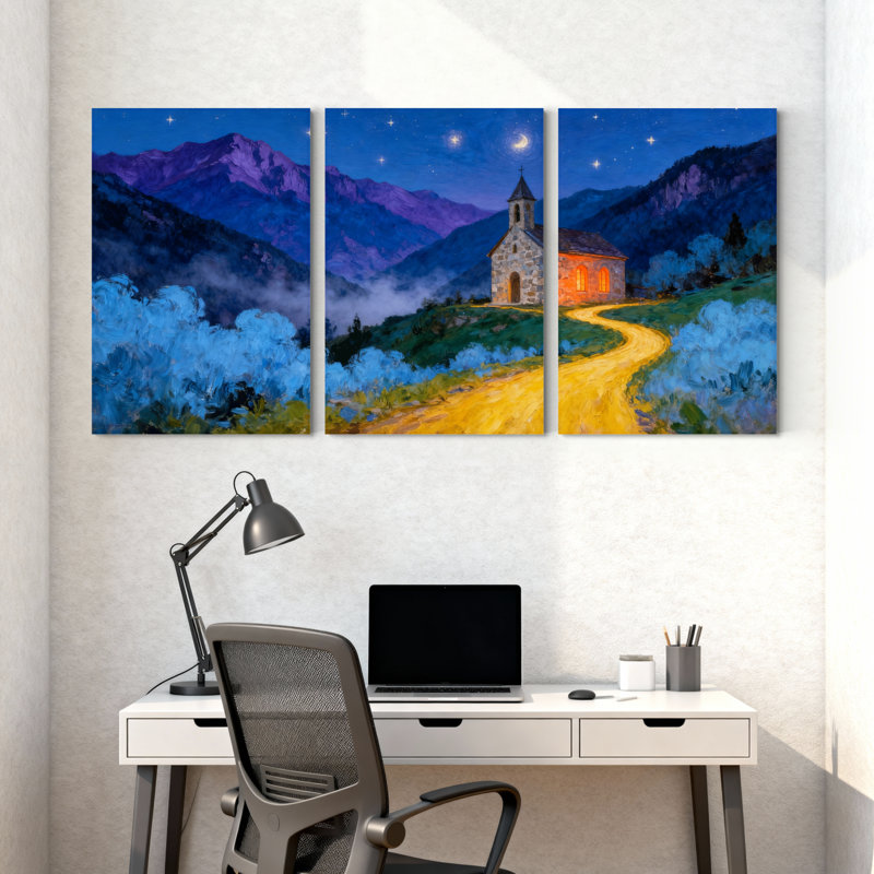 Abstrait, ciel nocturne, montagnes, chemin d'églises, étoiles, ensemble de 3 impressions sur toile, H 36 po x l 72 po