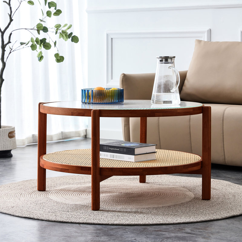 Table basse moderne, structure en bois massif avec accents en verre artisanal et table double couche Pe, construction solide