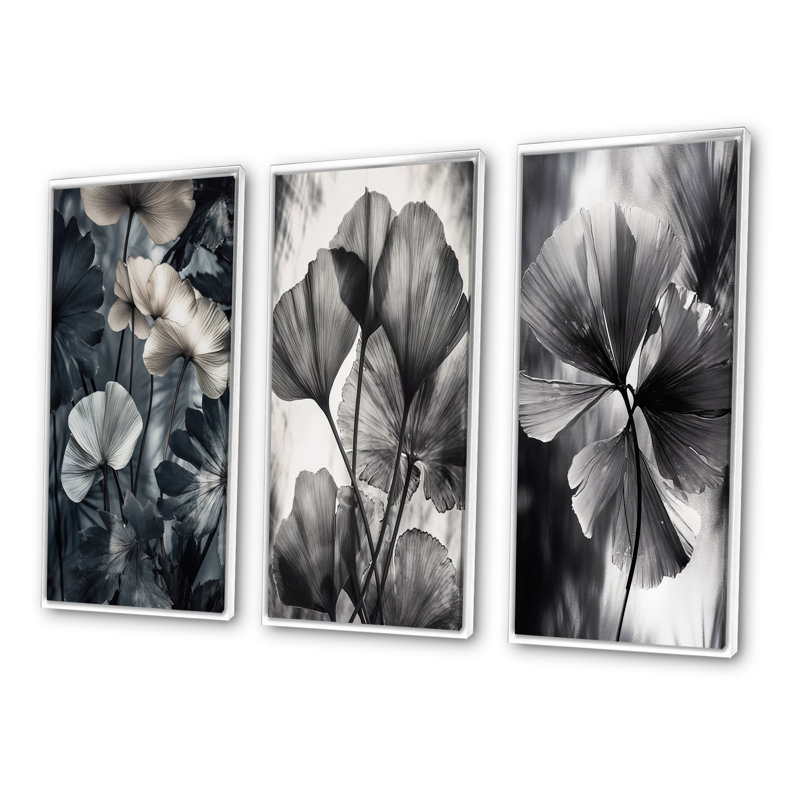 Ensemble de 3 feuilles de ginkgo tropical, Cadre flottant blanc, H 32 po x l 48 po