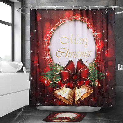 Ensemble de rideau de douche 4PCS Christmas Bells Bow avec tapis, couvercle de toilette et tapis de bain