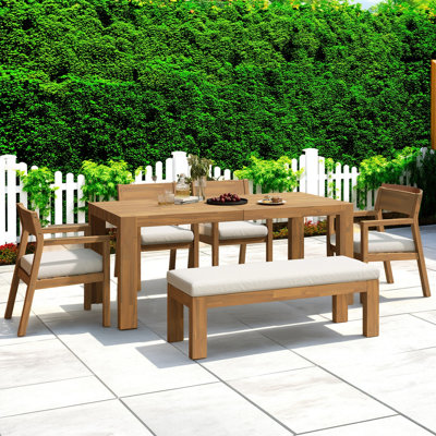 Ensemble repas d'extérieur 71 pièces en bois d'acacia 71 "- Table rectangulaire avec trou pour parasol, 4 fauteuils + banc, coussins amovibles résistants aux intempéries, mobilier de patio / piscine rustique