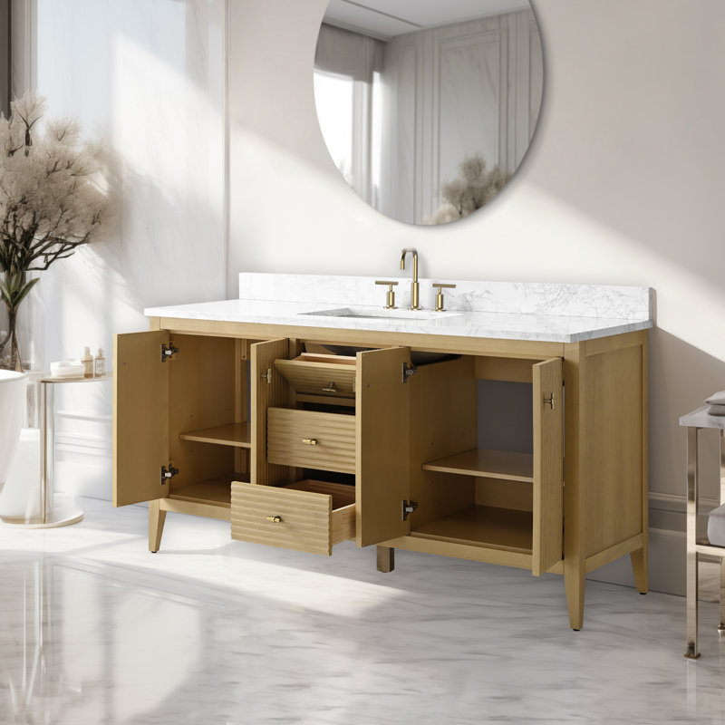 Ensemble de meuble-lavabo autoportant avec lavabo en marbre 60 po Lavallon, Chêne naturel linéaire, Doré brossé
