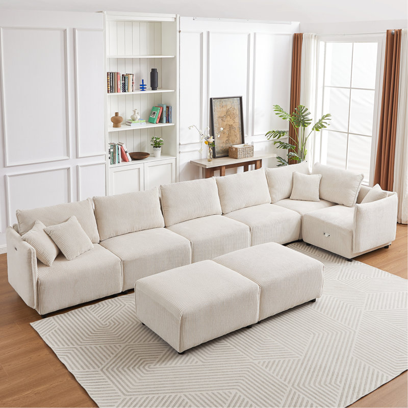 Velours côtelé 8 places pour différentes pièces - beige, moderne, avec ports de chargement, salon, chambre à coucher et salon beige, 8 coussins de confort combinés et en forme de C