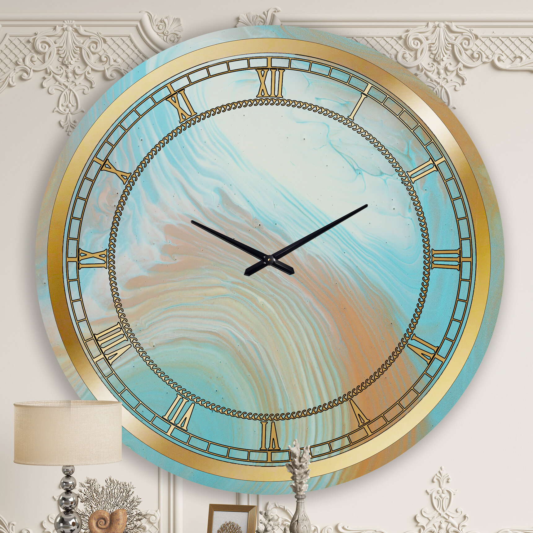 East Urban Home Turquoise Gold and Blue Marble - Glam wall clock | Wayfair