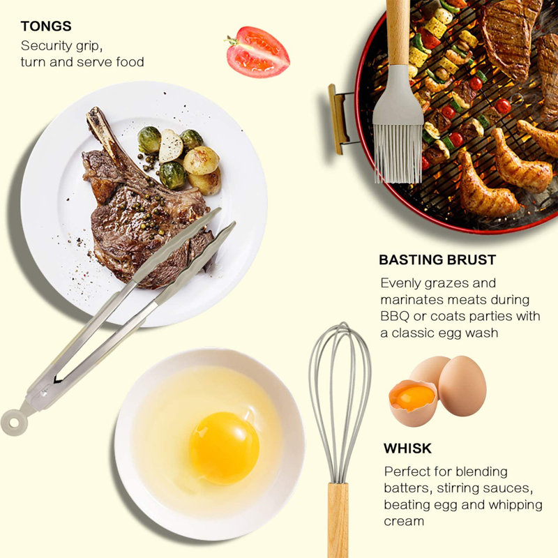 Ensemble d'ustensiles de cuisine en silicone, ensemble d'ustensiles de cuisine antiadhésifs avec poignée en bois pour la cuisson, la cuisson et le mélange, meilleurs outils de cuisine avec support