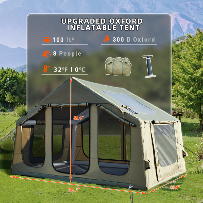 Inflatable Tent With Clear Skylight, 4-6 Person Waterproof Blow Up Tents, 4 Seasons For Camping & Hiking, Glamping With Pump &stove Jack,  Green