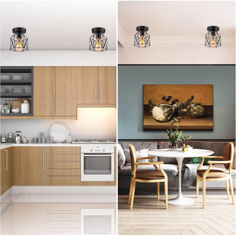 Retro Black Industrial Semi Flush Mount Ceiling Light, E26/E27 For Porch Hallway Kitchen Rv Light, 2 Pack, Ul Approval