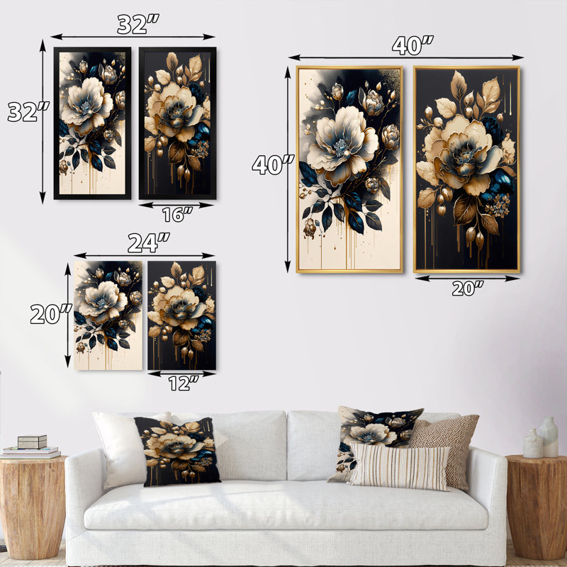 «Black and Gold Camellia Bouquet II», 2 pièces, H 32 po x l 32 po, Encadrement doré