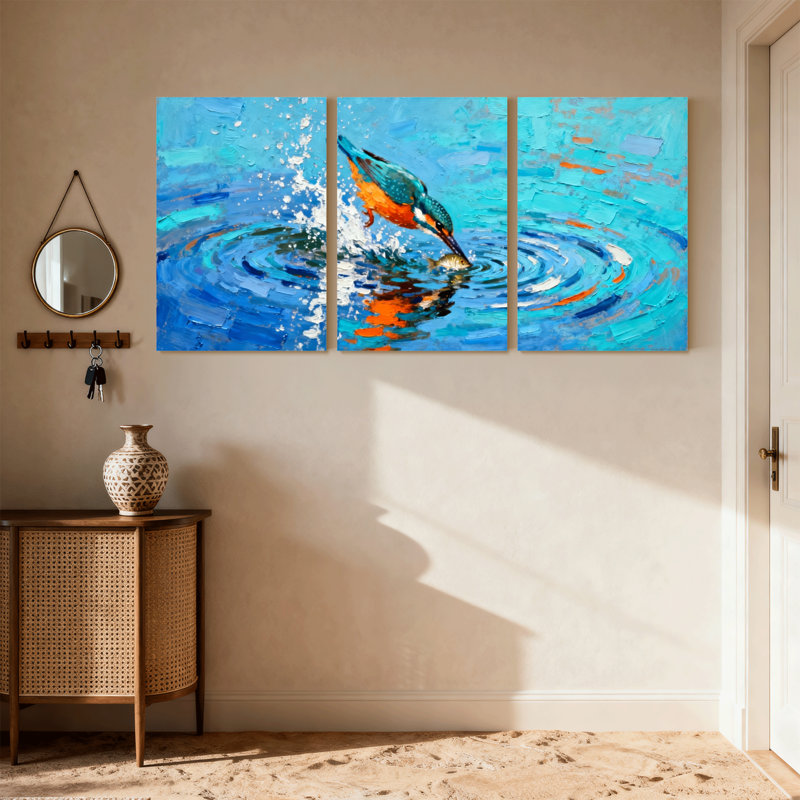 Oiseaux martin-pêcheur plongeant dans l'eau avec ensemble de 3 impressions sur toile, H 36 po x l 72 po
