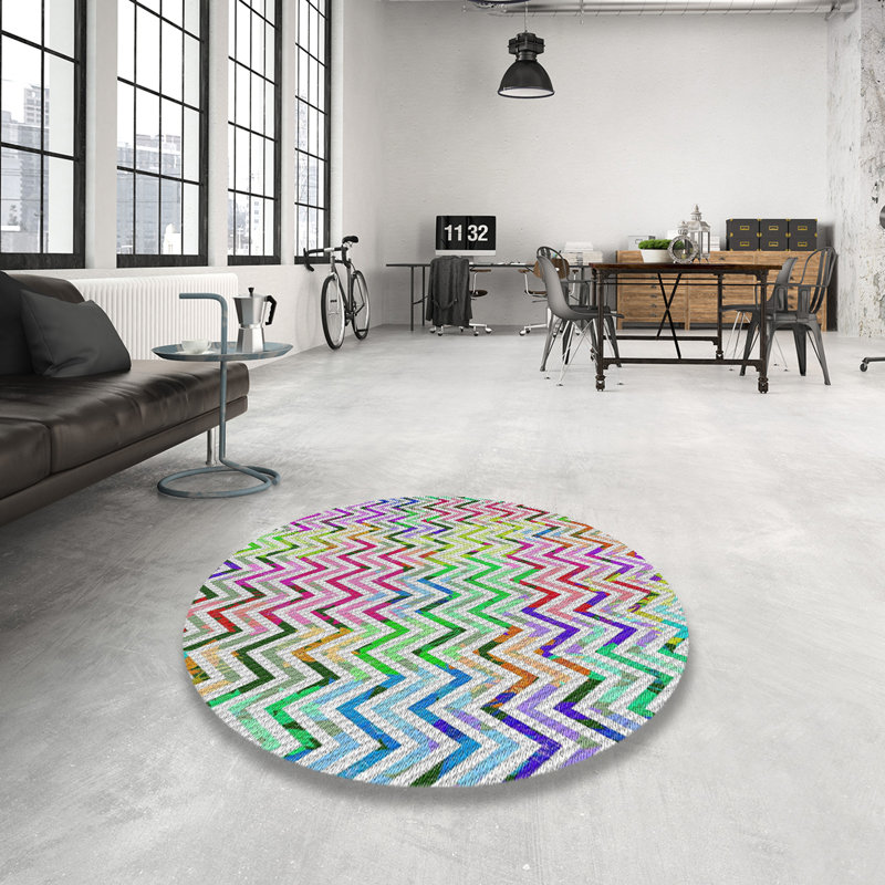 Tapis décoratif vert à chevrons pruneda, Rond 4 pi