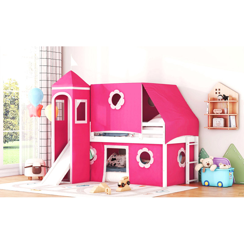 Lit mezzanine simple avec tente et tour rose Slide, Rose
