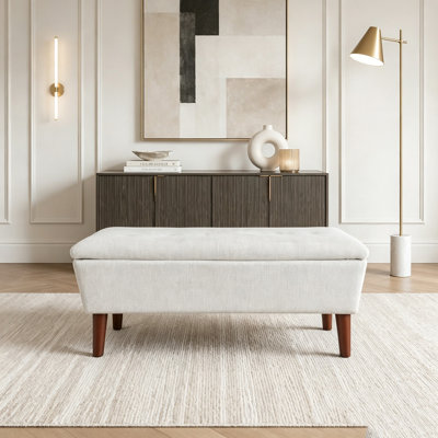 42 Inch Rectangular Linen Ottoman Bench with Solid Wood Tapered Legs