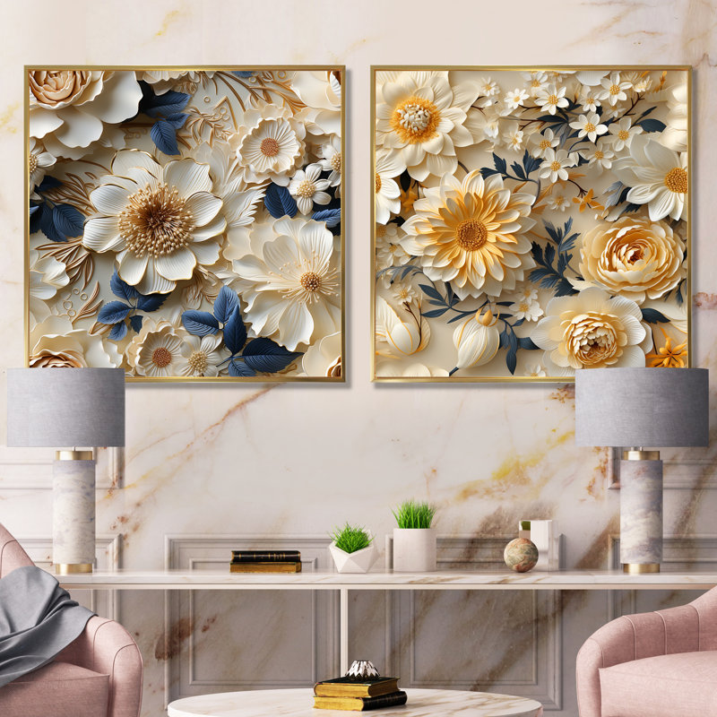 Otero - ensemble de 2 impressions murales florales, Encadrement doré, H 30 po x l 61 po x P 1 po