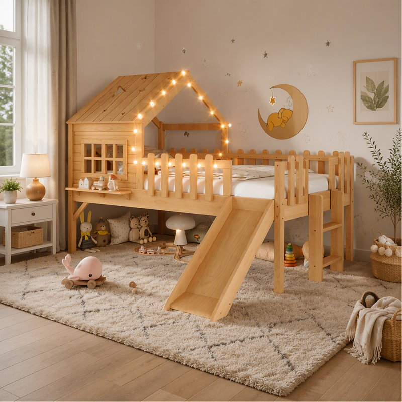 Lit mezzanine simple avec glissade, lit maisonnette avec motifs en forme d'étoile et fenêtre, design chic avec lumières DEL, pas de sommier tapissier nécessaire, naturel