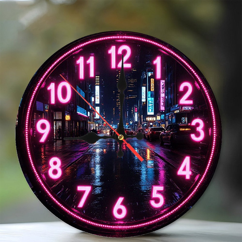 Pink Neon Cityscape Clock Wall Decor