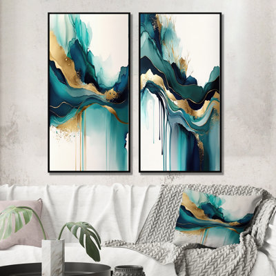 Teal And Gold Abstract Expression II - Modern Wall Decor Set Of 2