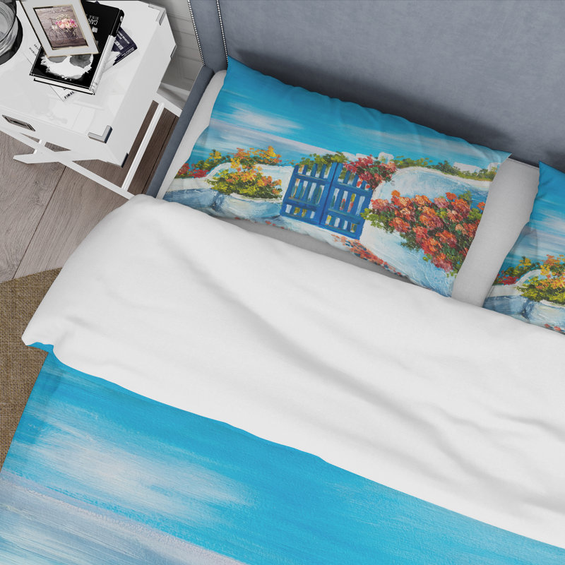 Ensemble de housse de couette nautique et côtier House Near The Sea Colorful Flowers III - Microfibre polyester
