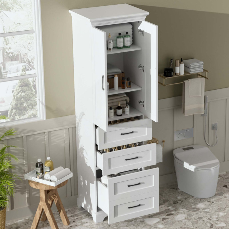 Meuble-lavabo autoportant avec 2 portes à charnières, 3 tiroirs (dont 1 tiroir profond), poignées en fer à tablettes réglables, stratifié PB durable et panneau de fibres à densité moyenne