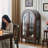 59.05"Retro Water-Ripple Glass Wine Cabinet with Arch Design & Walnut Wood Finish