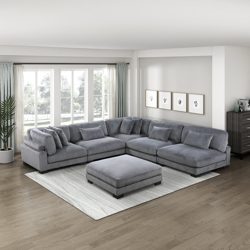 Brinsley 135”W Modern Track Arm Modular Sectional Sofa, Gray Corduroy