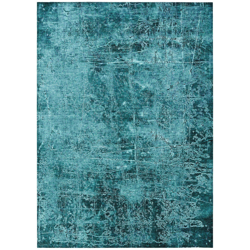 3' X 5' Teal Abstract Washable Non Skid Indoor Outdoor Area Rug