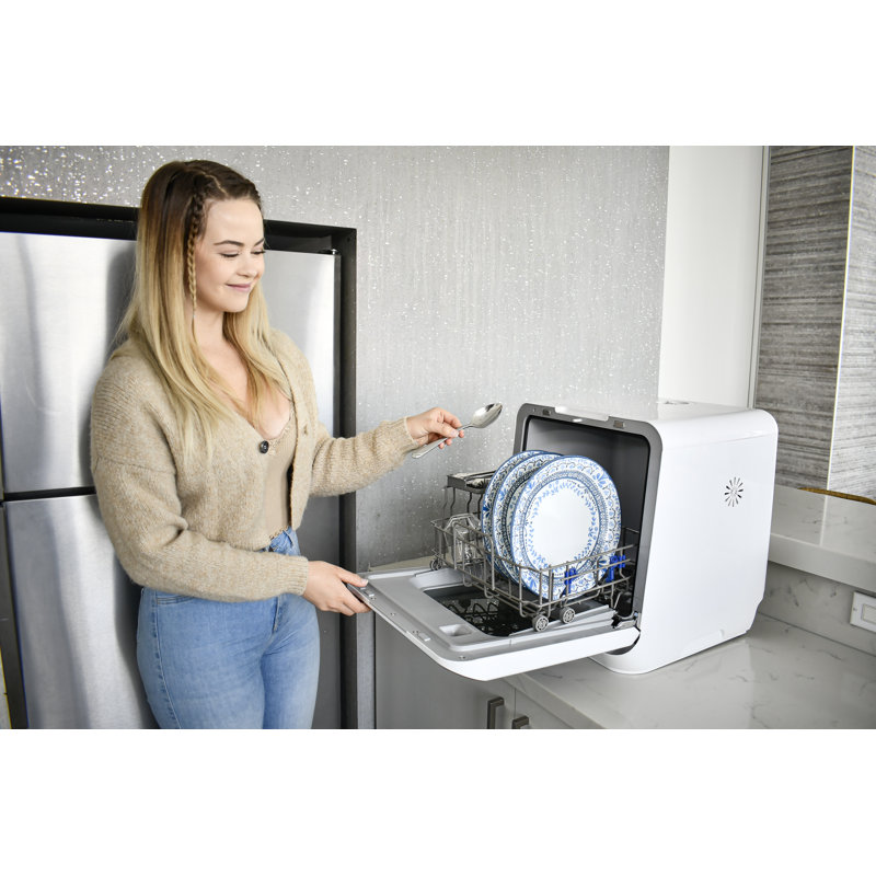 RCA White Compact Countertop Dishwasher with Built-In Water Tank