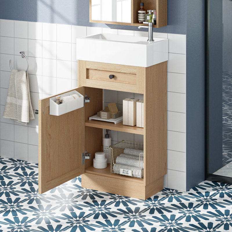 Meuble-lavabo de 18,5 po de style rustique avec lavabo en résine réversible, fabrication d'armoire, tablette intérieure réglable pour un rangement personnalisé, poignées élégantes en alliage de zinc, surface en grain de bois, conception à fermeture en douceur