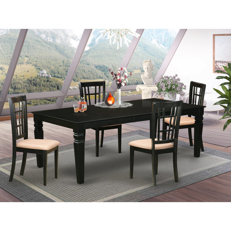 Ensemble de salle à manger 7 pièces composé d'une table de salle à manger rectangulaire avec rallonge papillon et 6 chaises de cuisine en tissu de lin, noir
