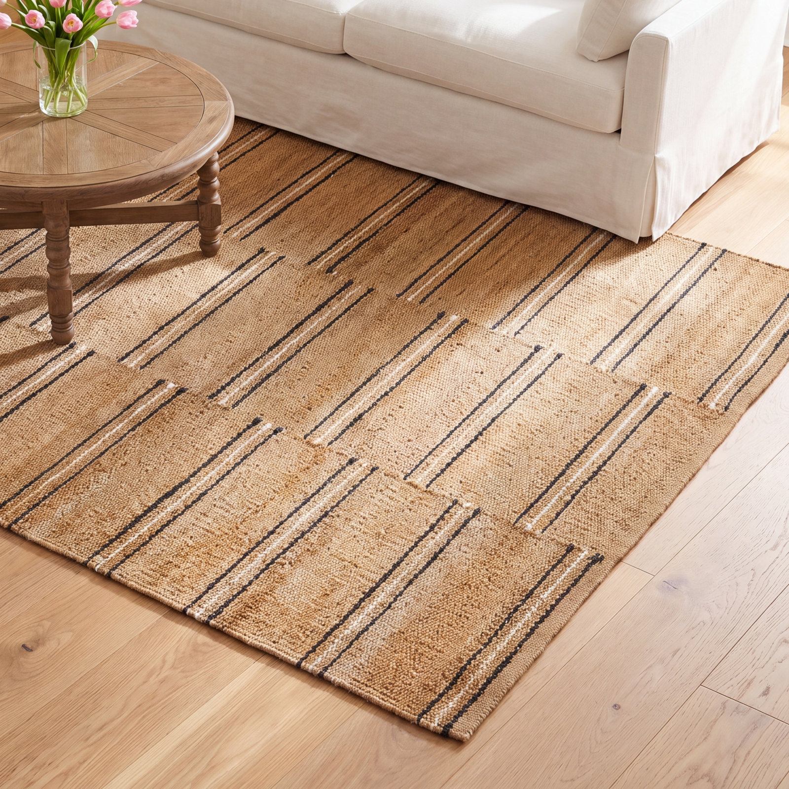 Natural Hand-Woven Striped Jute Rug, Rectangle 5' x 8'