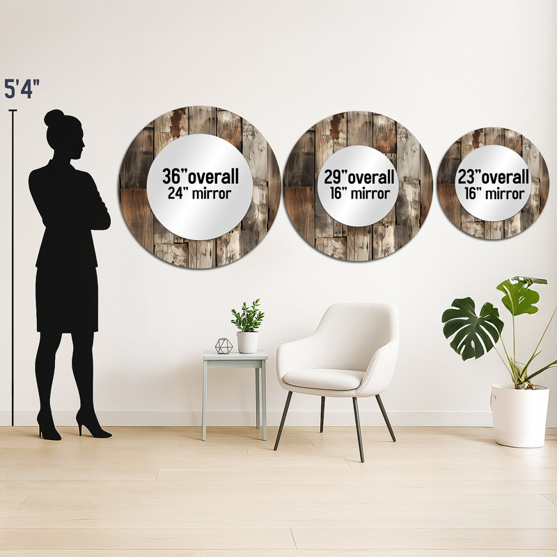 Rustic Barnwood Weathered Tones - vintage  Wall Mirror, Brown Round Decorative Mirror, Printed Metal Art, 23" x 23"
