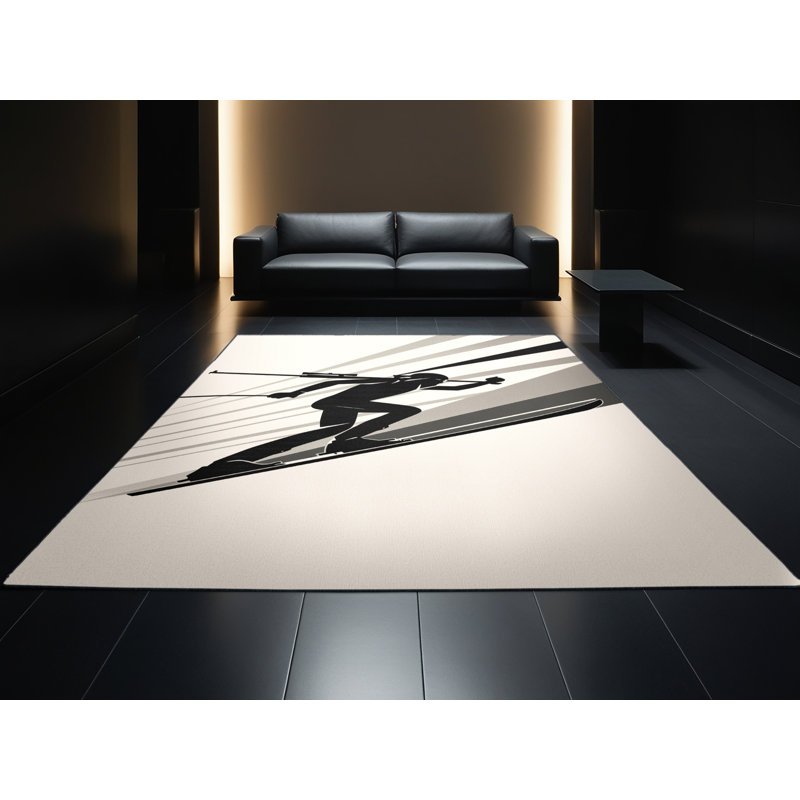 Machine Washable Cain Biathlon Skier Modern Rug in Beige – Black Binding, 5x8