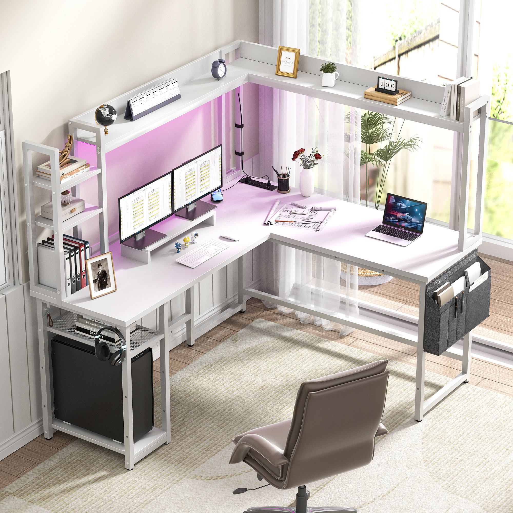 Bianco L-Shaped Desk with Hutch \u0026 Power Outlet, Gaming Desk Corner Computer Desk with LED Lights Wrought Studio Color (Top/Frame): White, image size:2000x2000