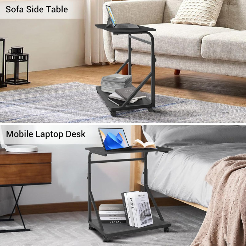 2-Tier Adjustable Height Computer Tower Stand With Lockable Wheels, Mobile PC Workstation For Home Office, Multifunctional CPU Holder With Storage Space