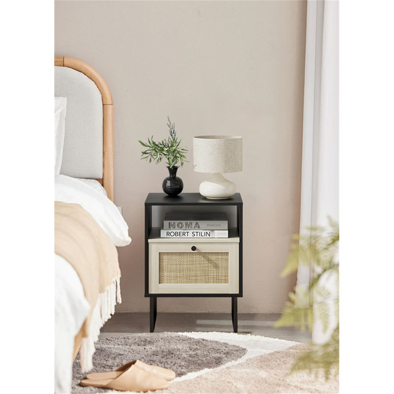 Bohemian Farmhouse Rattan Nightstand, White/Black